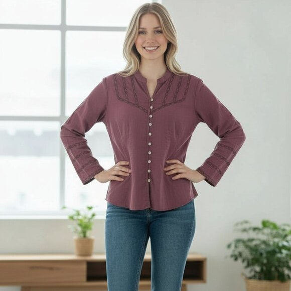 J Jill Burgundy Cotton Stretch Button Up Long Sleeve Career Casual Top Sz XS EUC - Picture 9 of 9